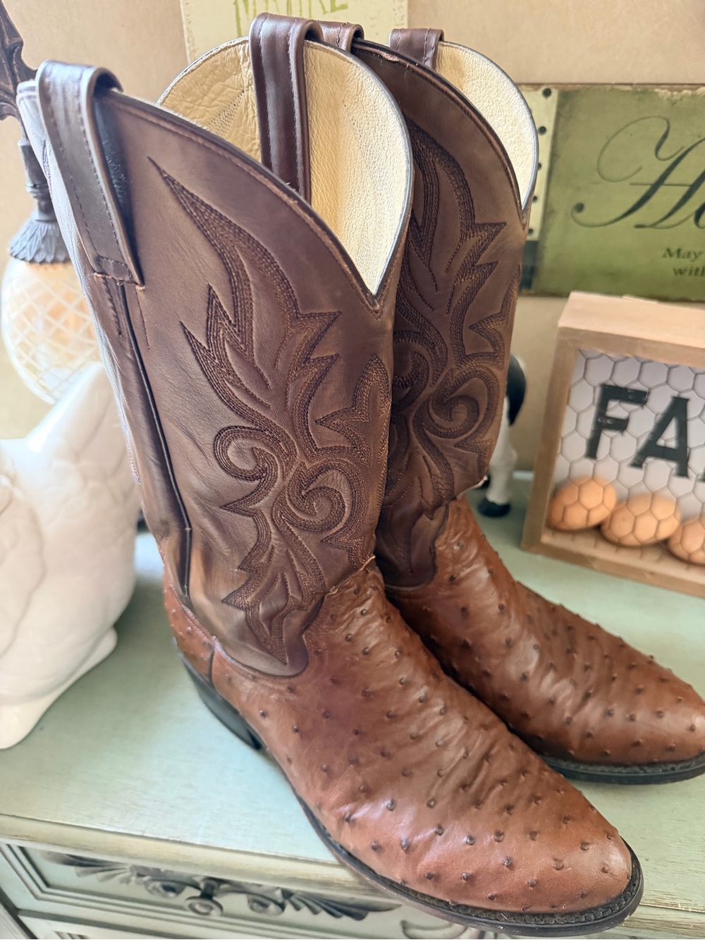 Vintage Dan Post, Men's Brown Ostrich Leather Cowboy Boots